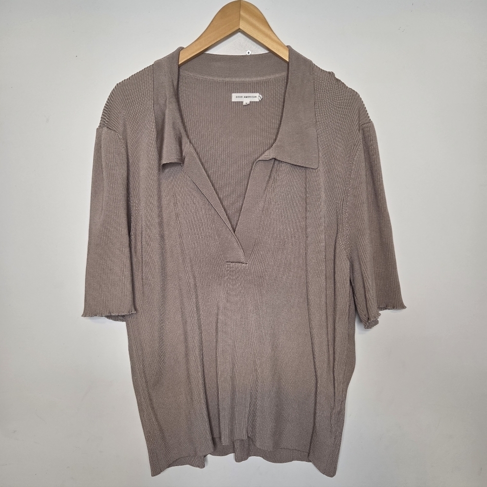 Good American Ribbed Taupe Knit Collared Top Size 7